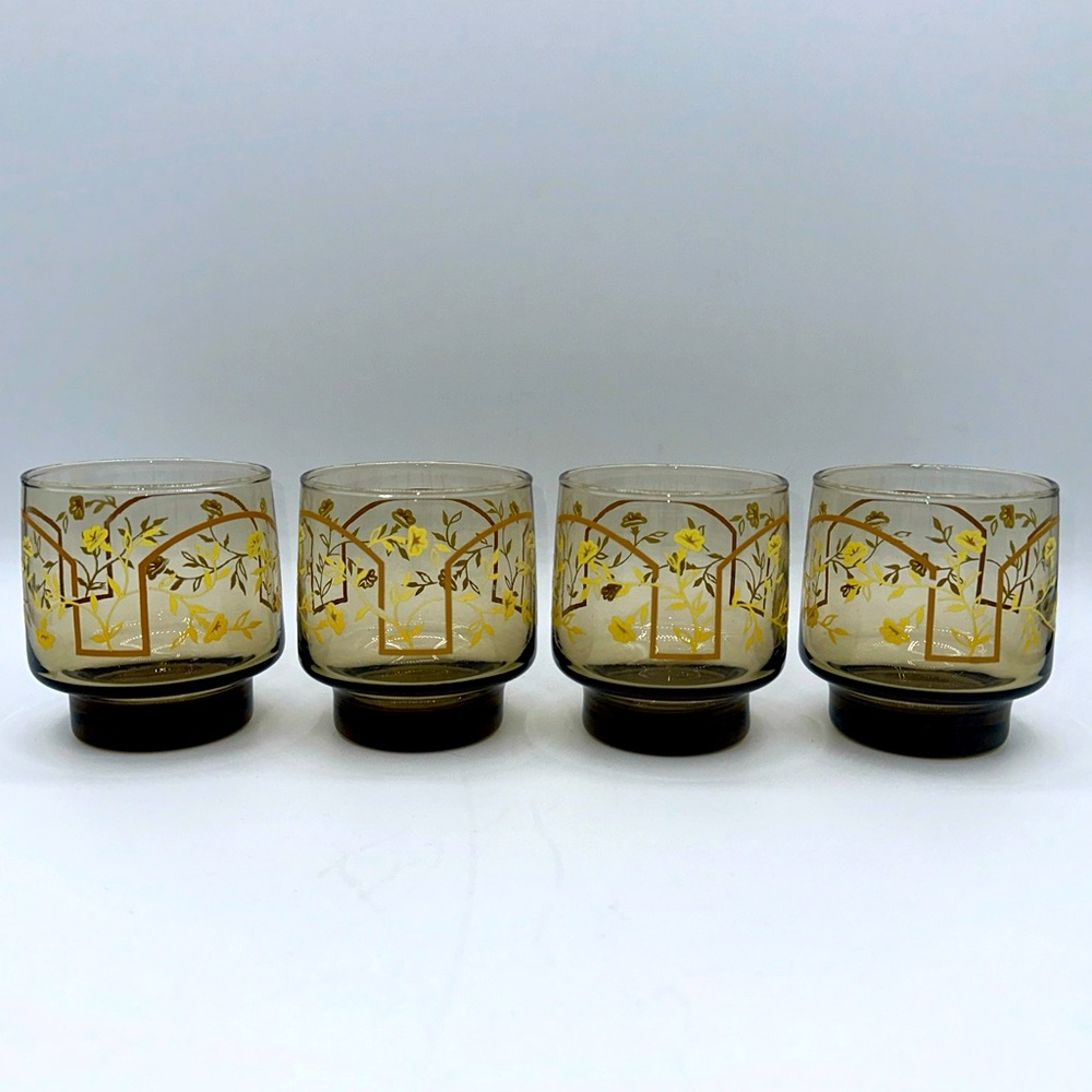 Vtg Libbey Smokey Brown Lowball Pedestal Glasses Set of 4  Yellow Flower/Floral